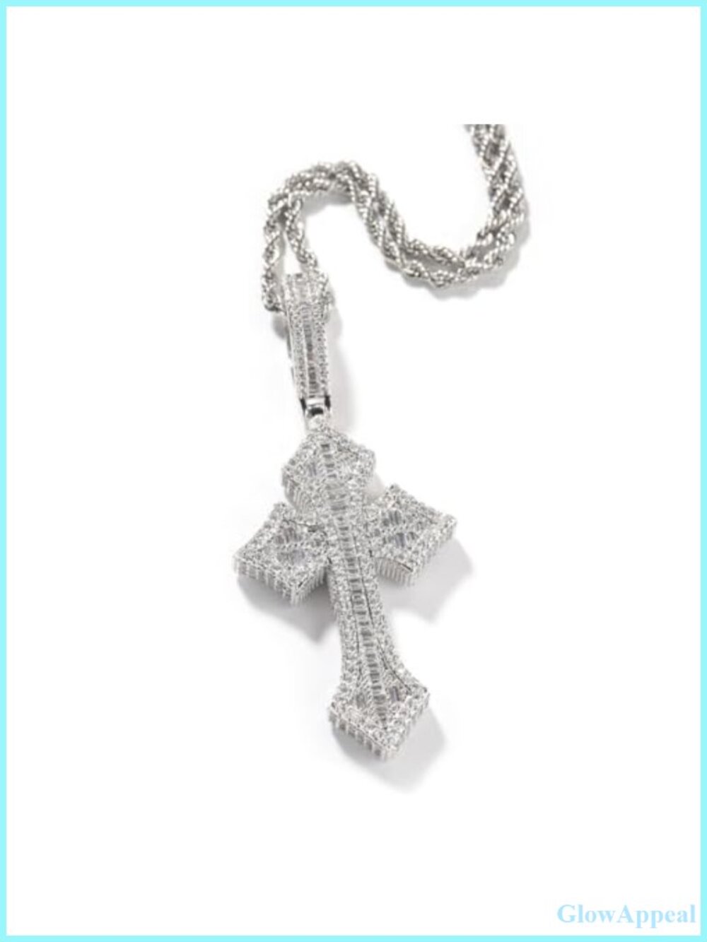 Crystal Cross Pendant Necklace Rope Chain Baguette CZ 925 Sterling Silver Plated